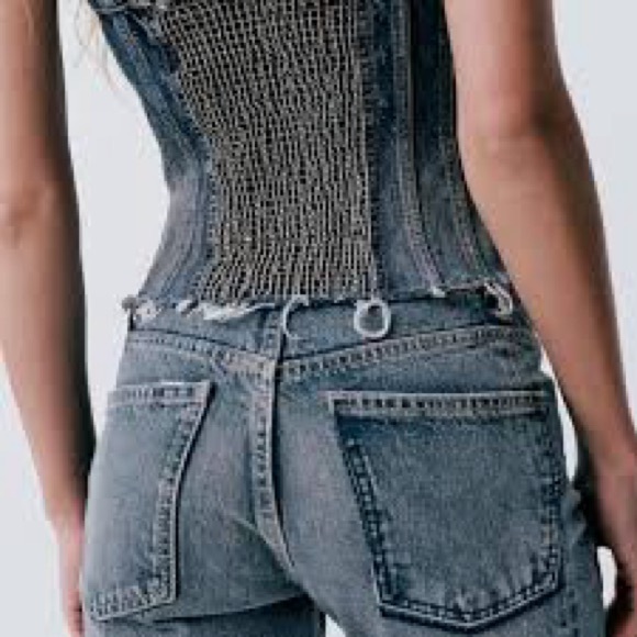 NWT ZARA EXTRA LONG MID-RISE TRF STRAIGHT LEG METALLIC JEANS - Picture 5 of 5